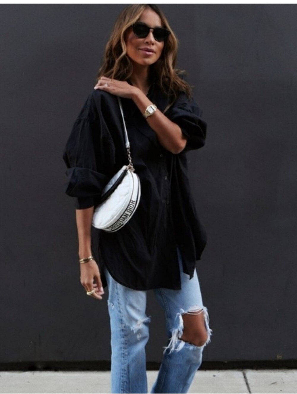AVENUE Women's Plus Size Black Linen Button Down Shirt